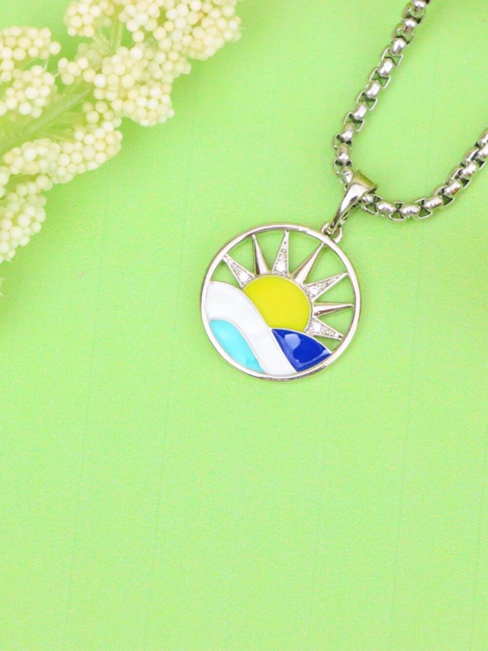 Round Silver Pendant with Colorful Sun and Wave Enamel Design, XPPT1867 - Picture 6 of 11
